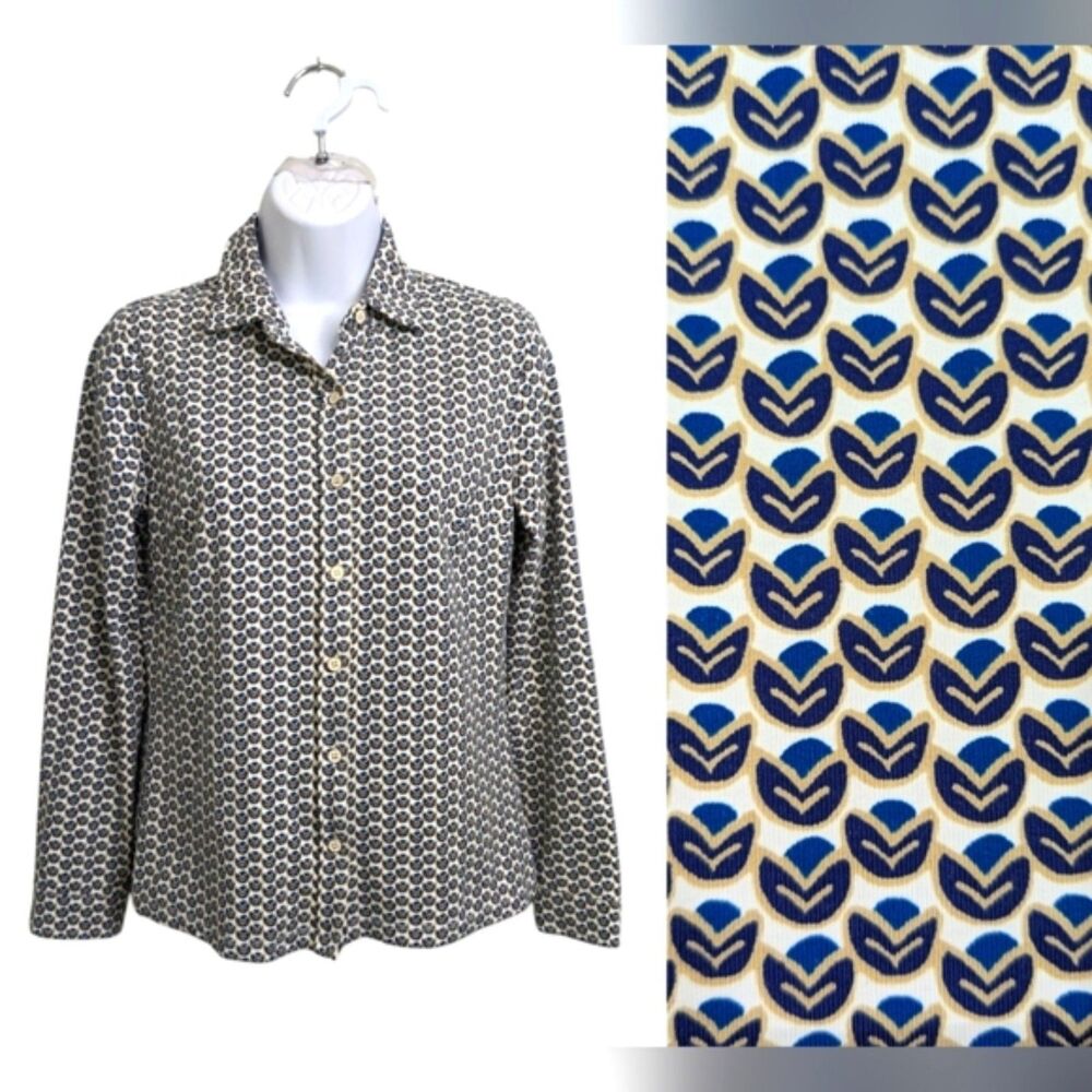 J. McLaughlin Blue Geo Mod Catalina Cloth Button Down Top Shirt Long Sleeve XS